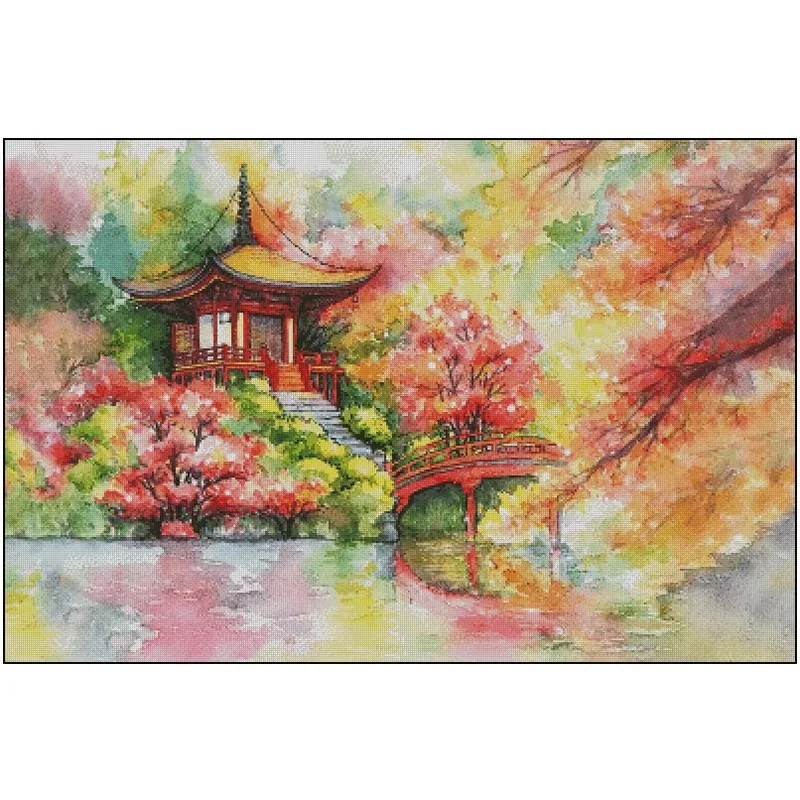 Autumn Pavilion 14CT 16CT Printed On Canvas Cross Stitch DIY Set Chinese Pattern Kit Home Needlework Embroidery 153 Colors