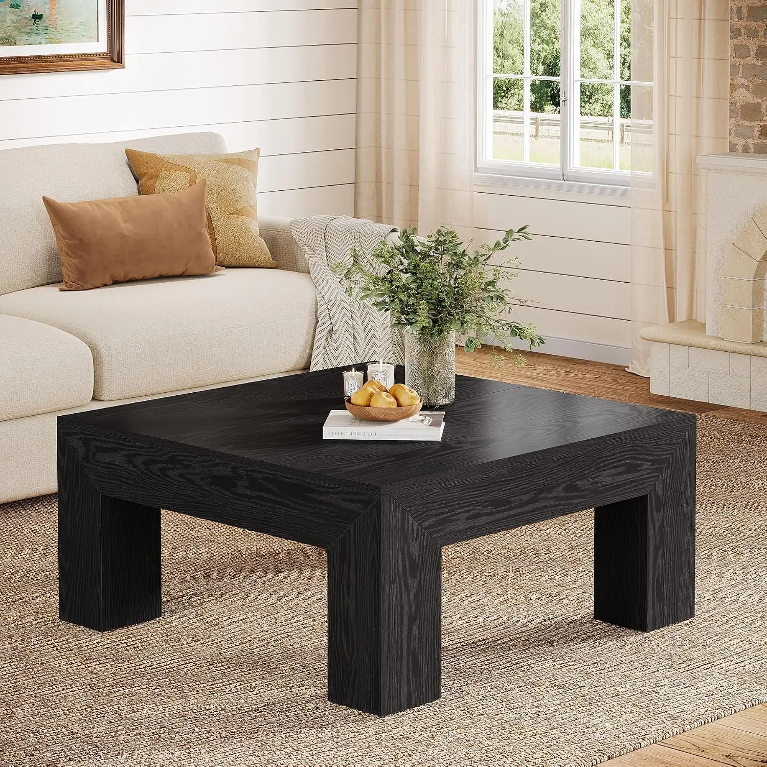 Farmhouse Square Coffee Table 39.37-Inch Low Large Center Tea Table with Sturdy Legs Easy Assembly Black, Customized