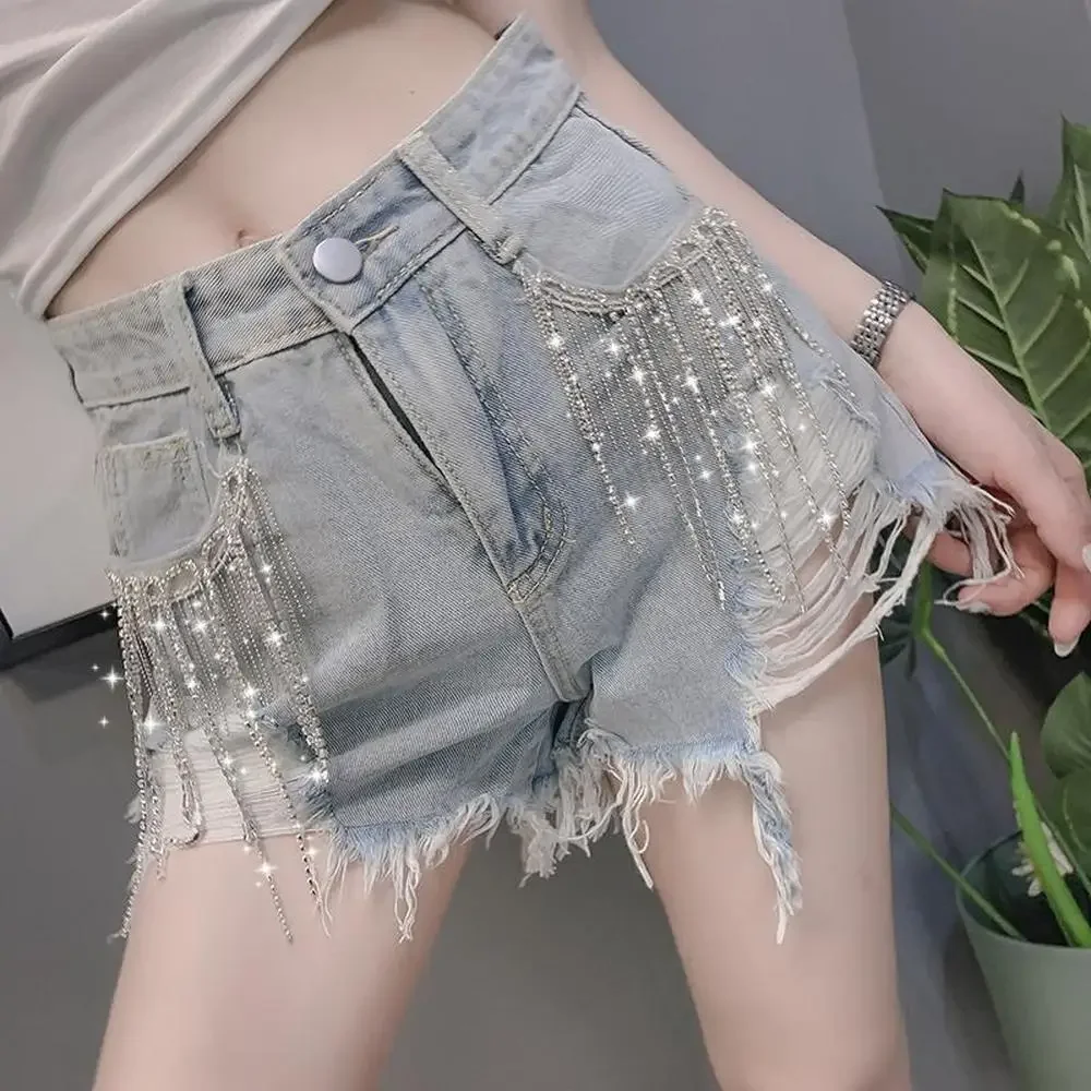 

Women High Waist Beaded Shiny Denim Shorts Fashion Street Punk Cowboy Shorts Harajuku Rhinestone Tassel Jeans Female Shorts Y2k