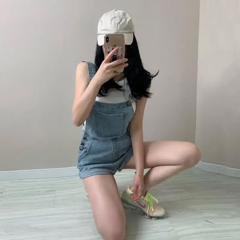 Macacão jeans afligido, verão lazer estilo formal chique Ulzzang botões retrô, macacão Harajuku, design de personalidade, 2023