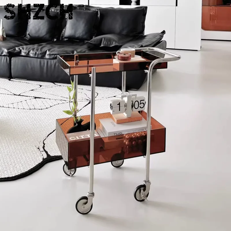 Acrylic Rolling Cart,INS Style 2-Tier Mobile Side Table with Wheels,Versatile Storage Trolley for home,Creative Home DecorAccent