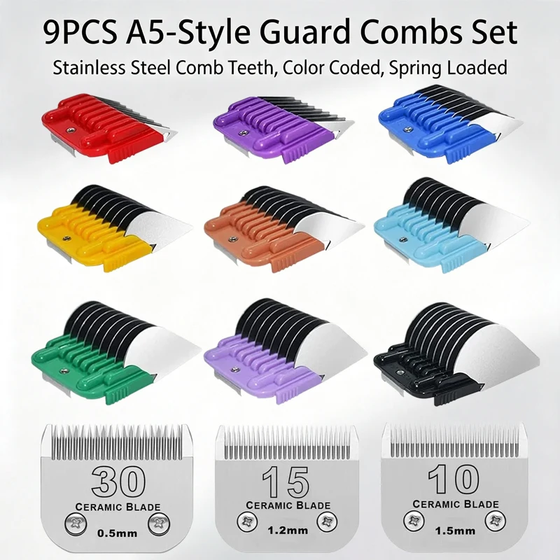9Pcs Stainless Steel Color‑Coded Guide Guard Combs For Wahl KM Series Andis Oster A5 Conair Pet Clipper, Only Fit #10 #15 #30 De