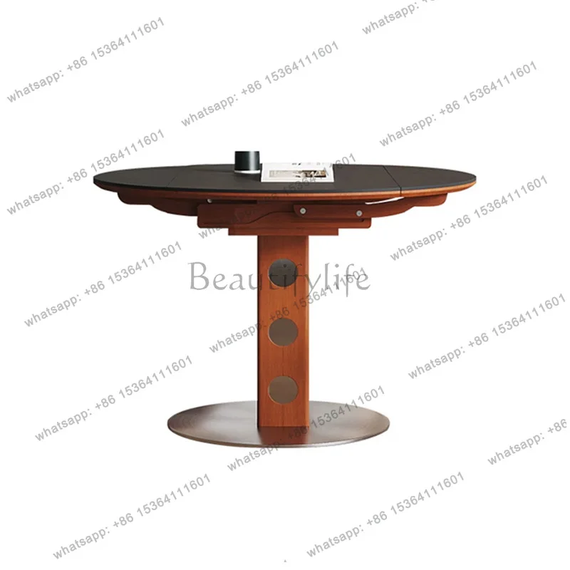 Medieval new round table retro metal legs Nordic solid wood rock slab dining table