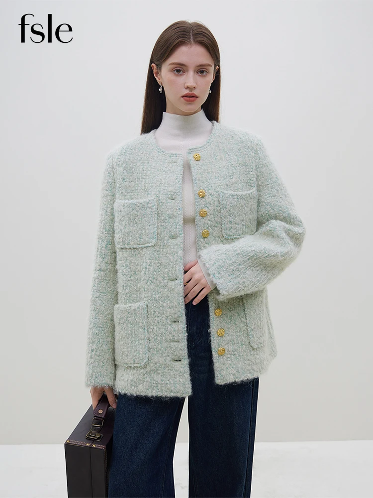 FSLE 34% Wool 6.1% Mohair Round Neck Mental Button Single Breasted Women Jackets Winter New Fresh Green Straight Female Coats