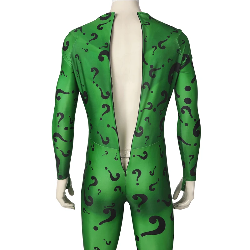 De Vleermuis Riddler Cosplay Outfit Volwassen Hoge Kwaliteit Zentai Gotham Edward Nygma Jumpsuits Halloween Prestaties Kleding