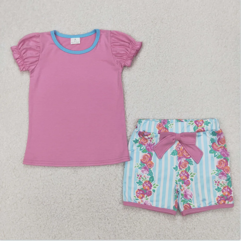 

Hot Sale Baby Girls Kids Clothes Boutique Toddler Baby Girls Lavender Short Ruffle Sleeves Tunic Floral Pockets Shorts Sets