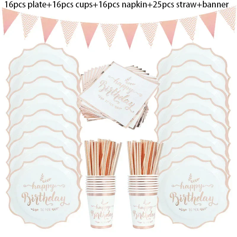 Rose Gold Birthday Decorations Disposable Tableware Set - Perfect for Adult Birthday Party, Wedding, Baby Shower - Elegant Paper