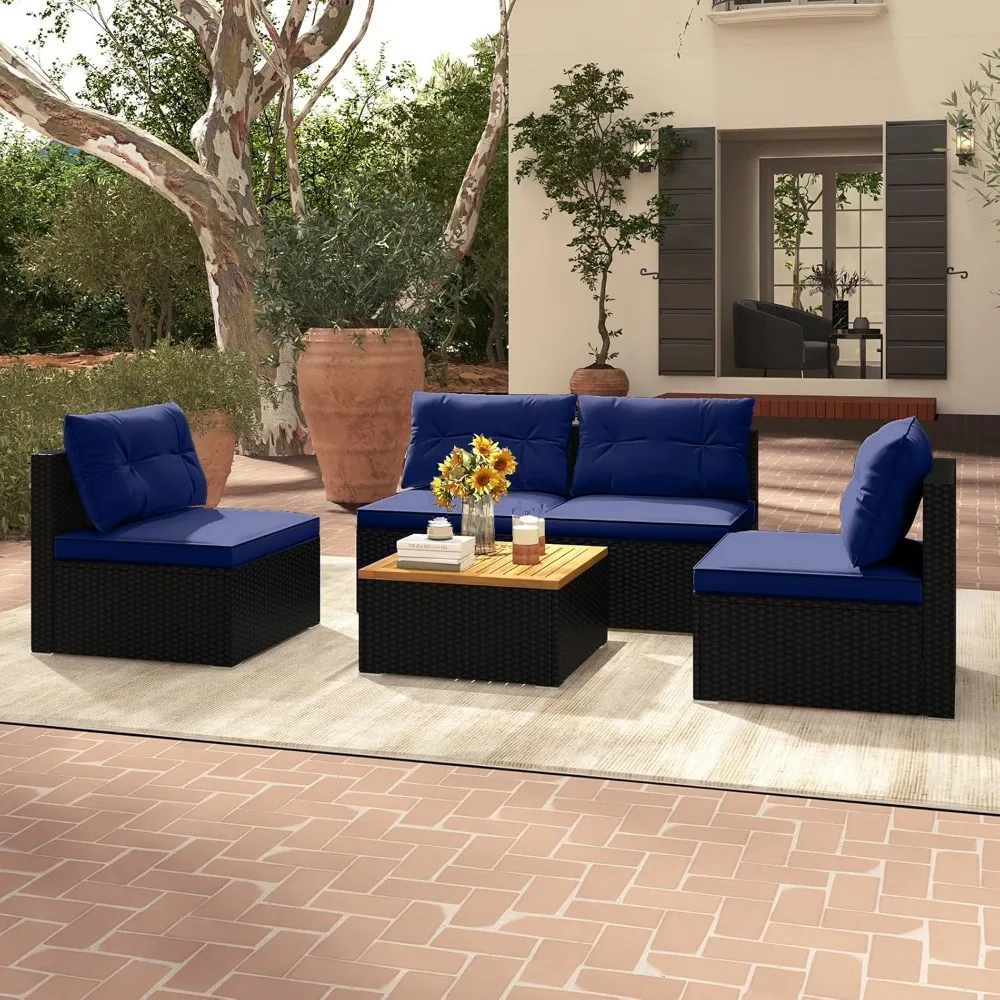 

5 Piece Rattan Sofa Set, Outdoor Wicker Furniture Set w/Seat & Back Cushions, Square Coffee Table, Patio Sofa Set for Backyard