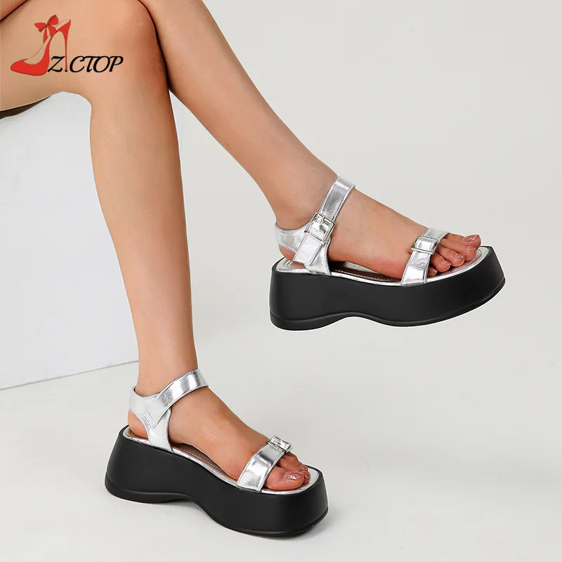 Summer Platform Sandals for Women Wedges Thick Soled Shoes Black Silver Open Toe Buckle Strap Chunky Sandal Comfort Casual Shoes