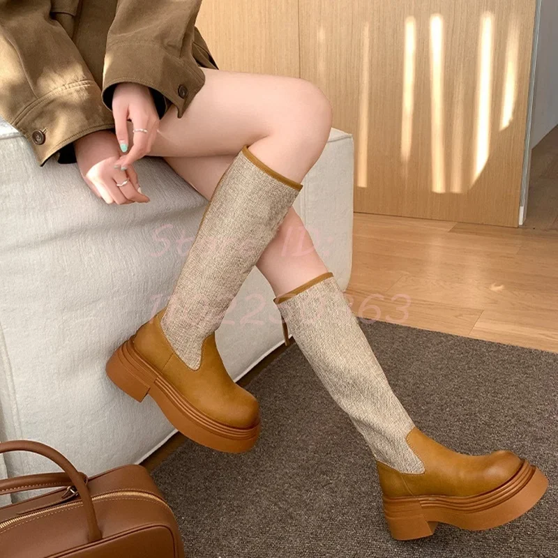 

Женские высокие ботинки в стиле ретро, коричневые кожаные сапоги до середины икры на платформе, с круглым носком, В рыцарском стиле, без застежки, осень 2024