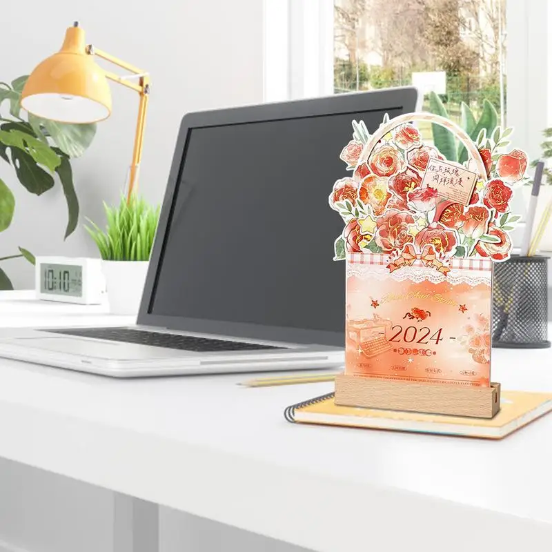 Calendário de Mesa Flores Bloomy, Vaso Removível Criativo, Flor em forma, Planejador Desktop com Base de Madeira, Banquete