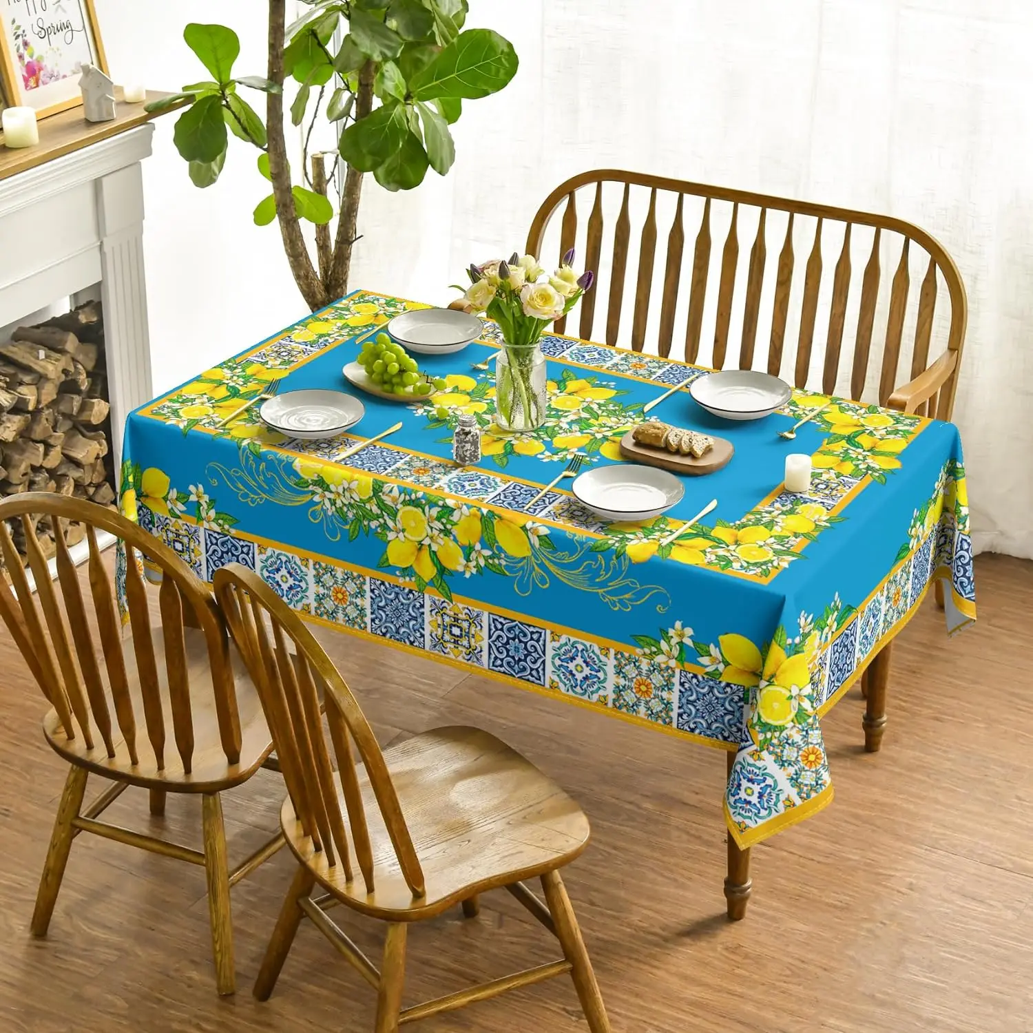 Summer Blue Yellow Lemon Vintage Pattern Waterproof Tablecloths Rectangular Table Cover Wedding Party Picnic Dinner Table Decor