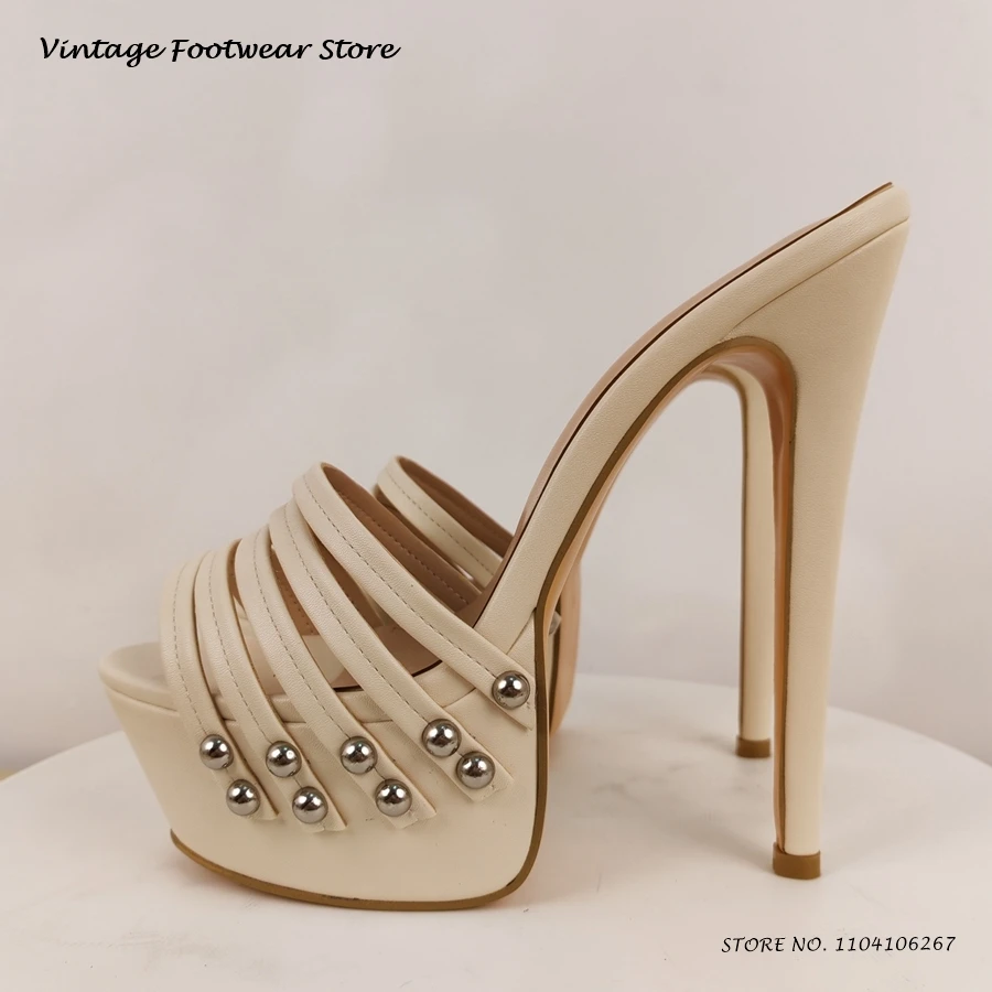 

Studded Platform Strappy Fashion Slippers 2025 Round Toe Thin Heels Party Dress Shoes Women's Summer Pull On Plus Size Mules