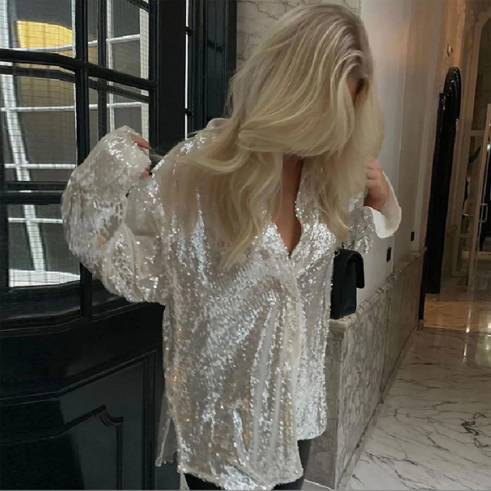 Fashion 2022 Women Sexy Sequins Glitter V-neck Silver Long Shirts Loose Ladies Long Sleeve Party Club Mini Dress Blouse Vestidos