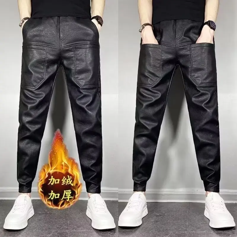 Pu レザーオートバイパンツ男性高品質冬の高級衣類ビッグサイズ防風カジュアル暖かいメンズ黒ズボン
