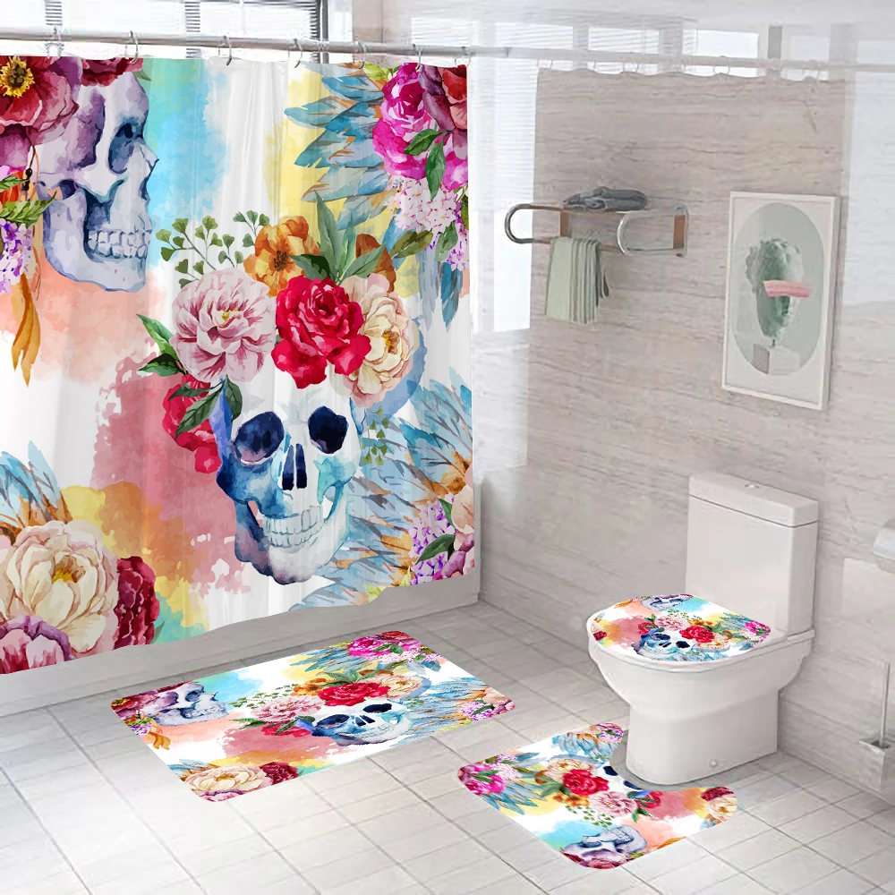 Horrible Skull Print Shower Curtain Halloween Bathroom Decoration Curtains Skeleton Bone Bath Mat Set Toilet Cover Carpet Home