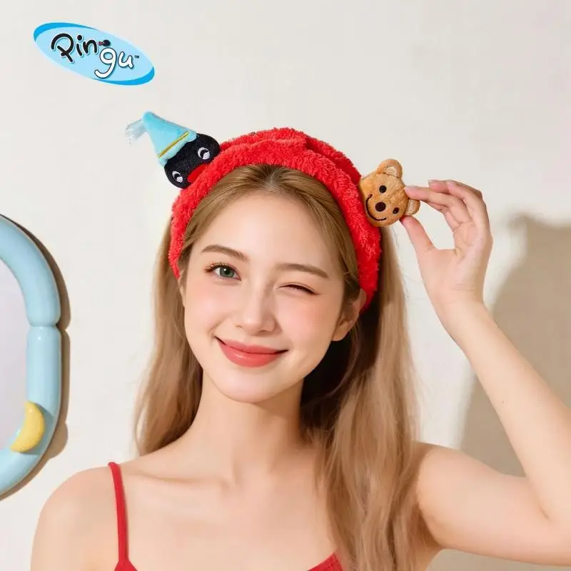 Red Pingu Ittle Bear Doll Decoration Widen Soft Plush Wash Up Makeup Facial Skincare Home Spa Headband Friend's Birthday Gift