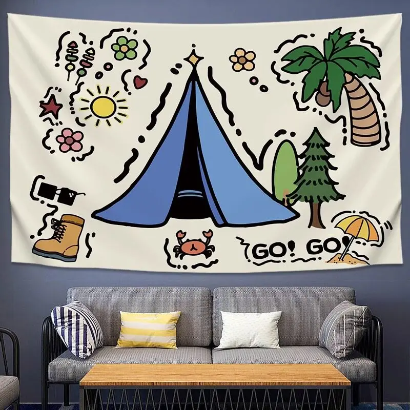 Hand-drawn Camping & Picnic Hanging Cloth, Large-Size Tapestry for Bars, Coffee Shops & Homestays, Cartoon Decorative Backdrop