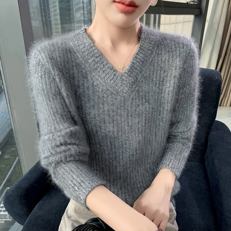 

Autumn And Winter Elastic Warm 100% Mink Cashmere Sweater Pullover Women V-Neck Long Sleeve Knitwear Basic Clothing Tops