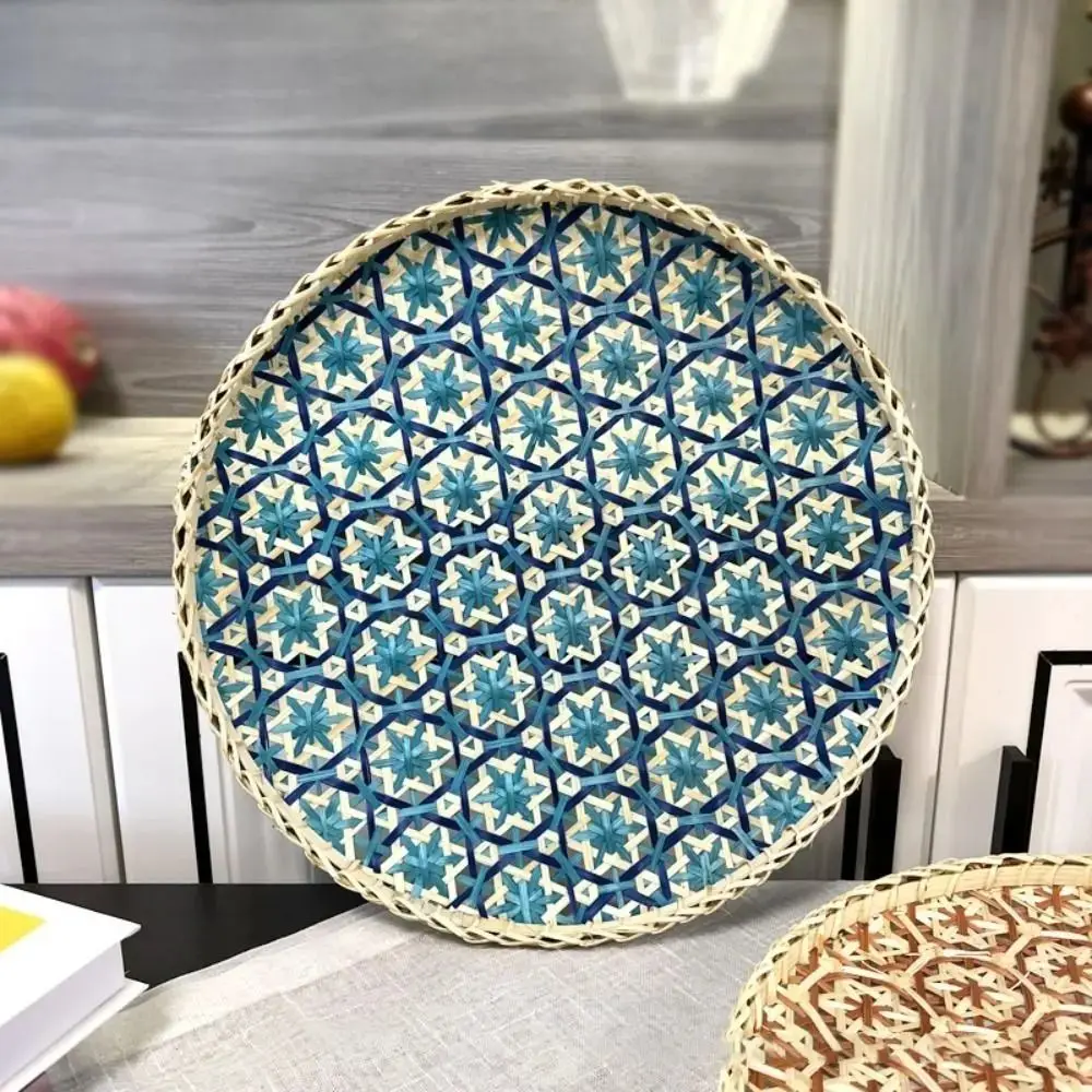 Bohemian Style Bamboo Woven Fruit Basket Colorful Handwoven Texture Handmade Bamboo Tray Round Shape Sieve Household