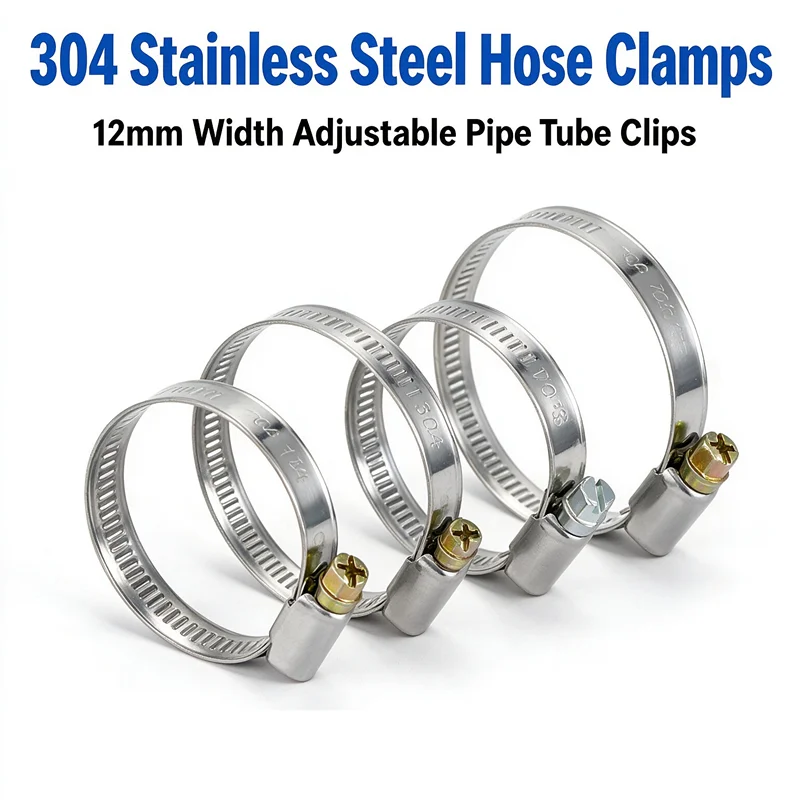 304 Stainless Steel Hose Clamps 12mm Width Adjustable Pipe Tube Clips Heavy Duty Water Pipe Fastening Clamps