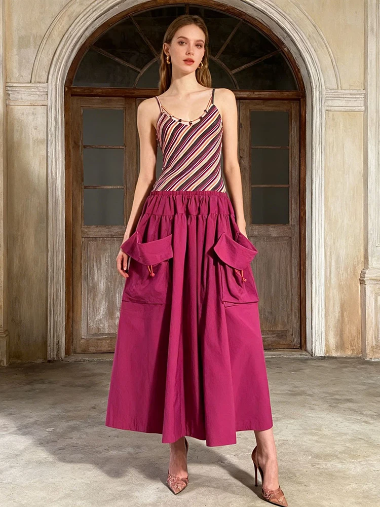 

Sexy Spaghetti Strap Hit Color Spliced Pocket Long Dress Women Sleeveless V Neck Stripe Patchwork A-line Dresses Evening Party