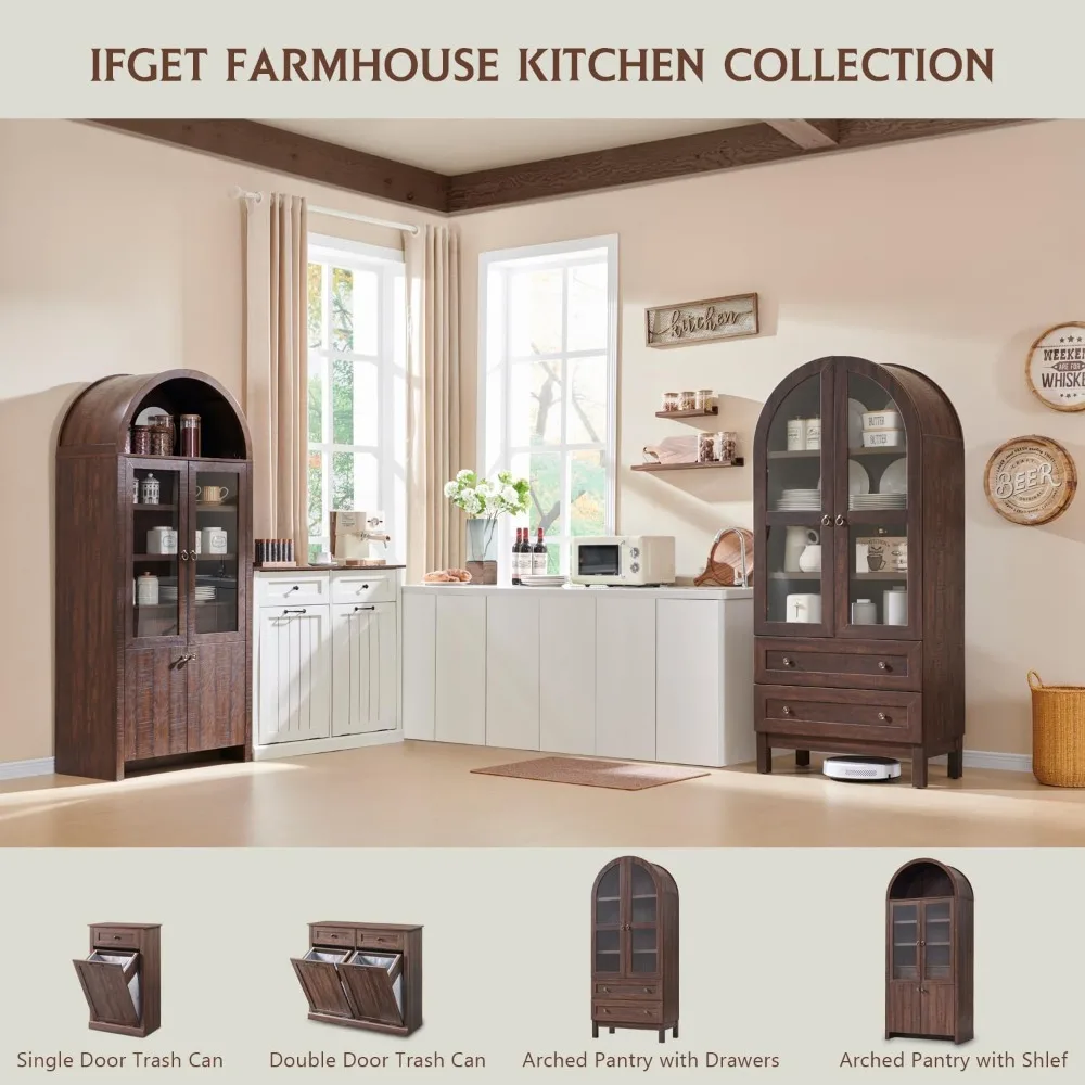 71" Tall Arched Kitchen Pantry Cabinet, Wood Kitchen Storage Cabinets with 2 Large Drawers and Adjustable Shelves image 6