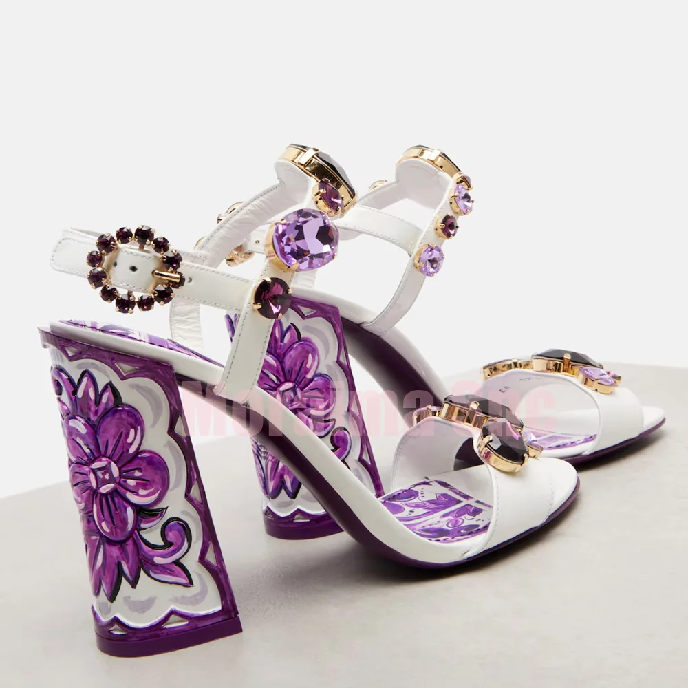Sandalias de cuero con adornos de piedras preciosas, zapatos de verano de tacón alto con hebilla en el tobillo ostentosa de cristal de lujo, punta abierta redonda