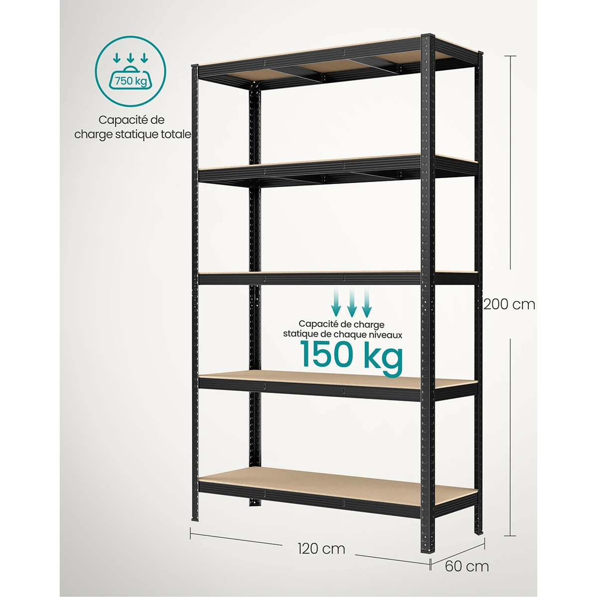 SONGMICS Shelving Unit, 60 x 120 x 200 cm, 750 kg Load Capacity (150 kg per Shelf), Industrial, Adjustable Storage Shelves