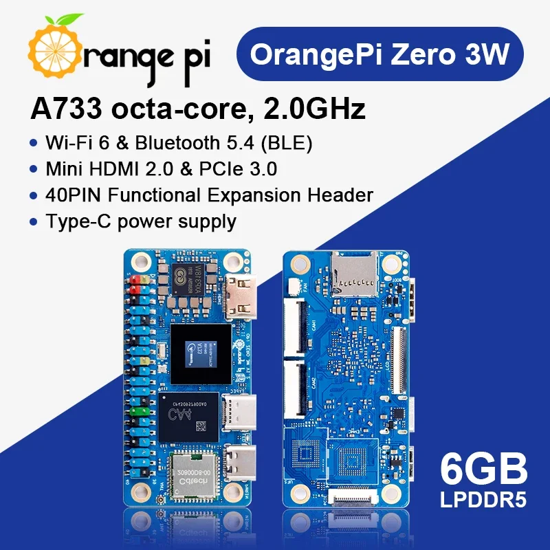 VoltSOrange Pi Zero 3W 6GB LPDDR5 Ram + Fan Single Board Computer Allwinner A733 Chip 3Tops NPU Wi-Fi6.0+BT5.4 Development Board