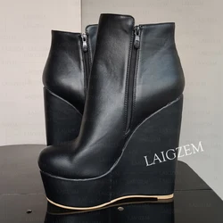 ZHIMA Women Ankle Boots Platform Wedges Side Zip Up Faux Leather Booties Comfortable Ladies Shoes Woman Big Size 41 43 45 48 52