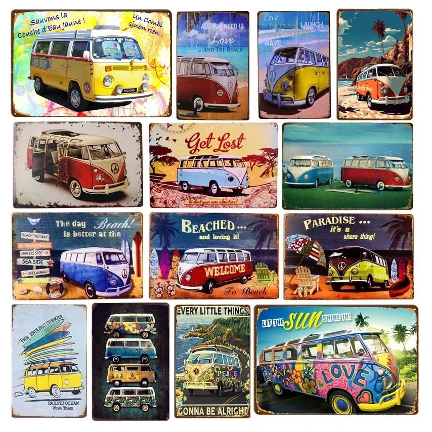 Peace Bus Beach Surfing Cartoon Wall Signs Vintage Art Metal Plate Decor Tin Sign Garage Bar Wall Plaques Decor Tinplate Poster