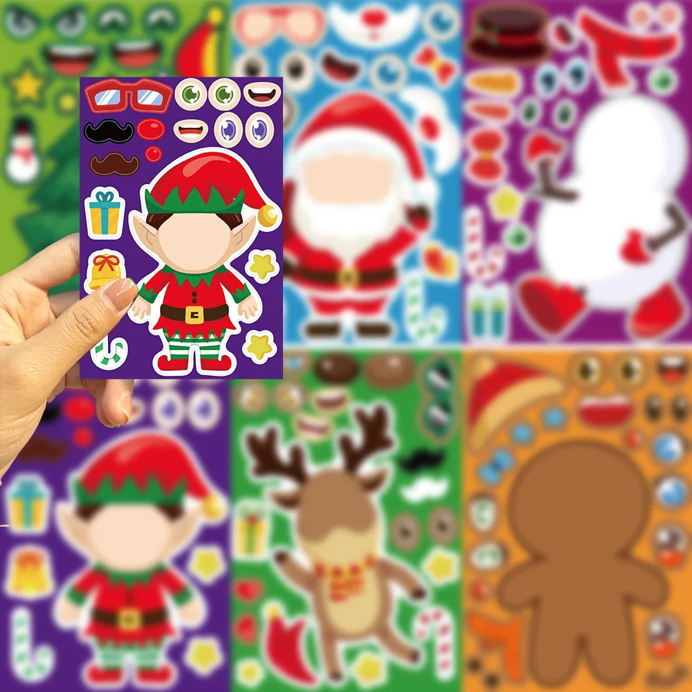 8/16Sheets Cartoon Christmas Stickers Make A Face Assemble Jigsaw Puzzle Stickers Make Your Own DIY Game Kids Educational Toys