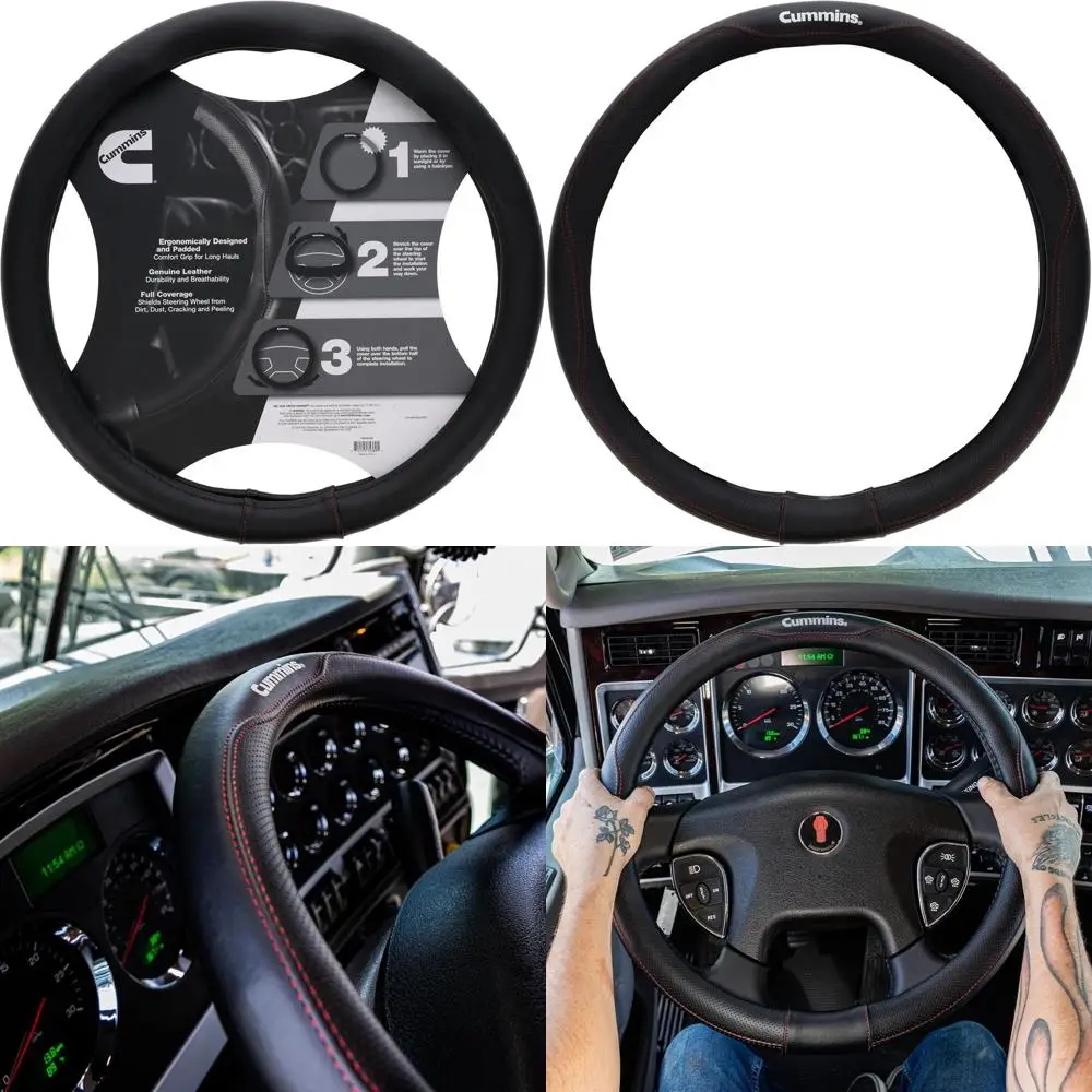 

CMN35389 Executive 18-Inch Steering Wheel Cover Leather Semi Truck Interior Accessories for RV and Big Rig-Black with Red Stitch