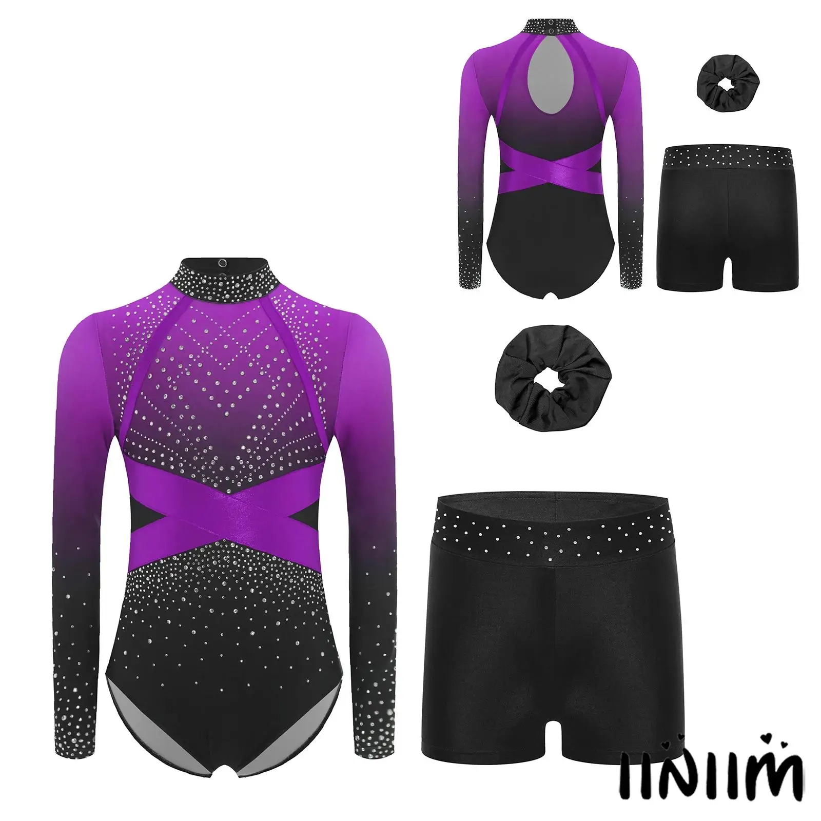 

Sparkling Gymnastics Leotard Set for Girls Long Sleeve Rhinestone Outfit with Matching Shorts And Hairband for Ballet Dance Show