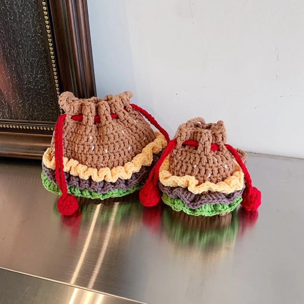 Knitted Hamburger Shoulder Bag Finished Product Cute Crochet Crossbody Bag Styling Accessories Cartoon Headphone Storage Bag