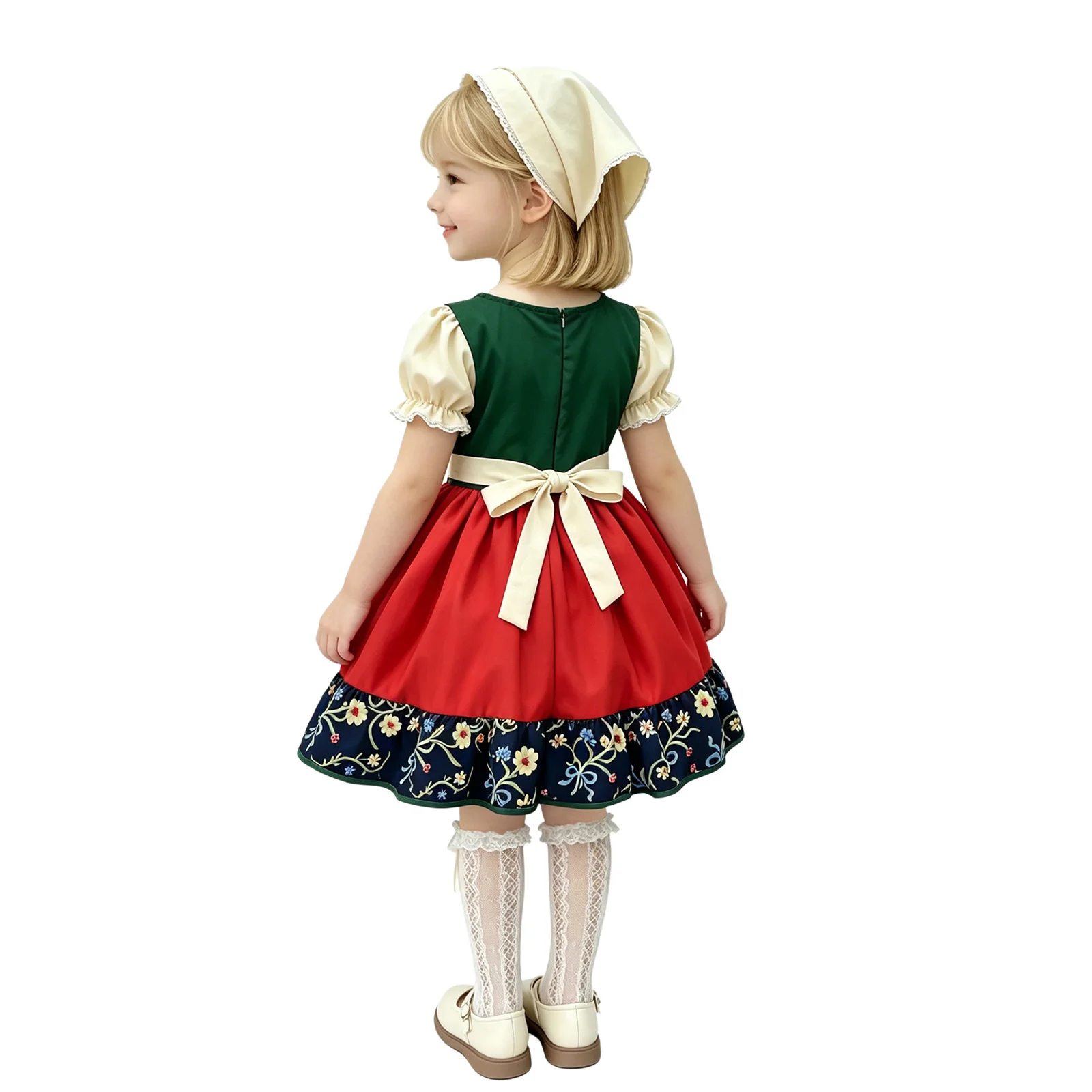 Kids Girls Bavarian Oktoberfest Costume Puff Short Sleeve Color Blocking Dress+Apron+Headscarf Beer Festivals Dress-up Outfits