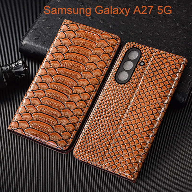 Genuine Leather Flip Case For Samsung Galaxy A27 Phone Cover Card Cases Python Pattern Handmade