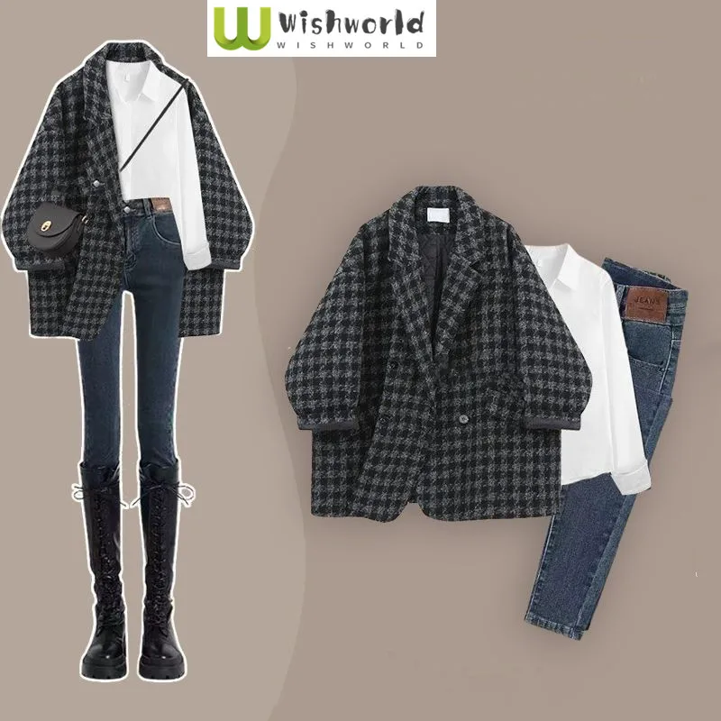 

Spring and Autumn Fashion Casual Set New Korean Checkered Suit Jacket for Slimming and Age Reducing Jeans Three Piece Set