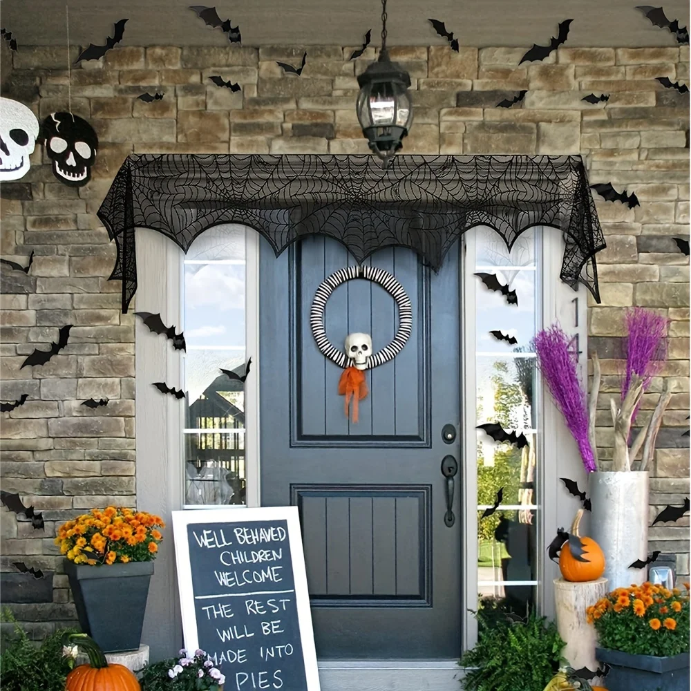 Halloween Decor Bundle for Home, Party, Kitchen Spider Web Table Runners & Halloween Banner & Mantel Scarf & 36 PCS 3D Bat Stick