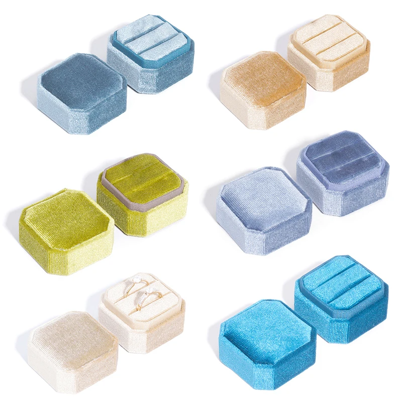 1 قطعة صندوق خاتم مخملي صندوق حلقة مزدوجة مع غطاء قابل للفصل 2 فتحات المثمن حلقة عرض حامل اقتراح الخطوبة الزفاف