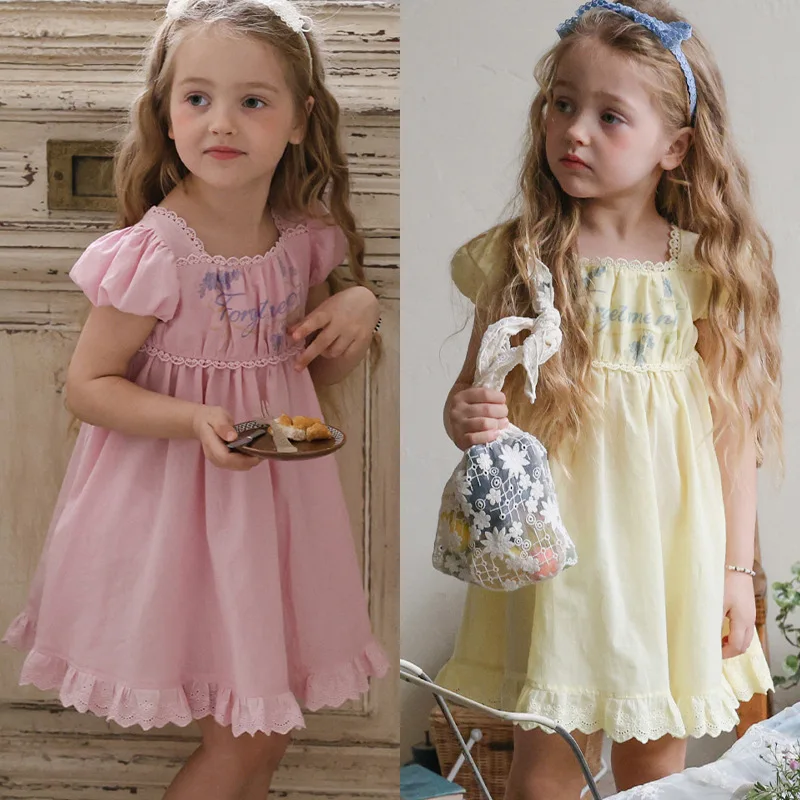 

2026 Summer Children's Baby Girl Cute Sweet Lace Bubble Sleeve Princess Dress