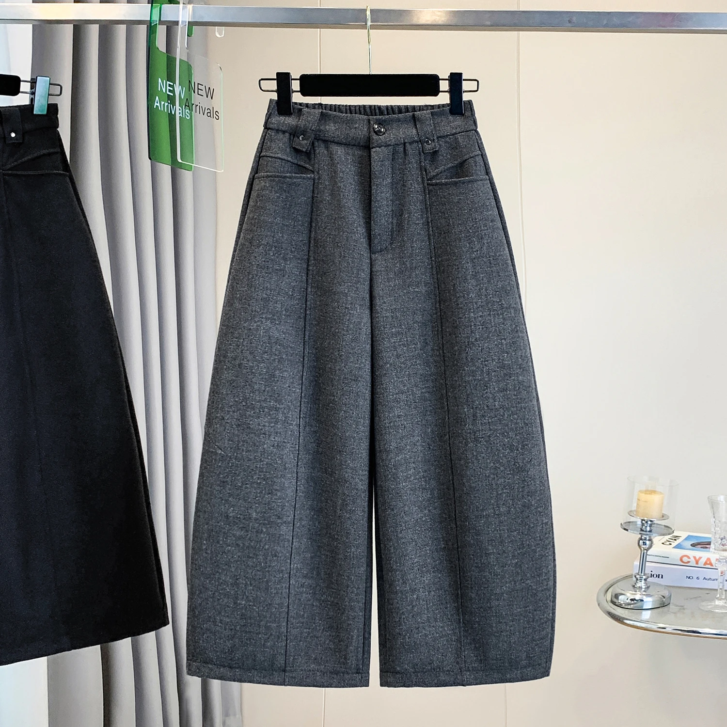 Elegant Woolen Wide Leg Pants Women's Loose Slimming Casual Bootcut Trousers High Waist Polyester Fiber Straight Tube Pants