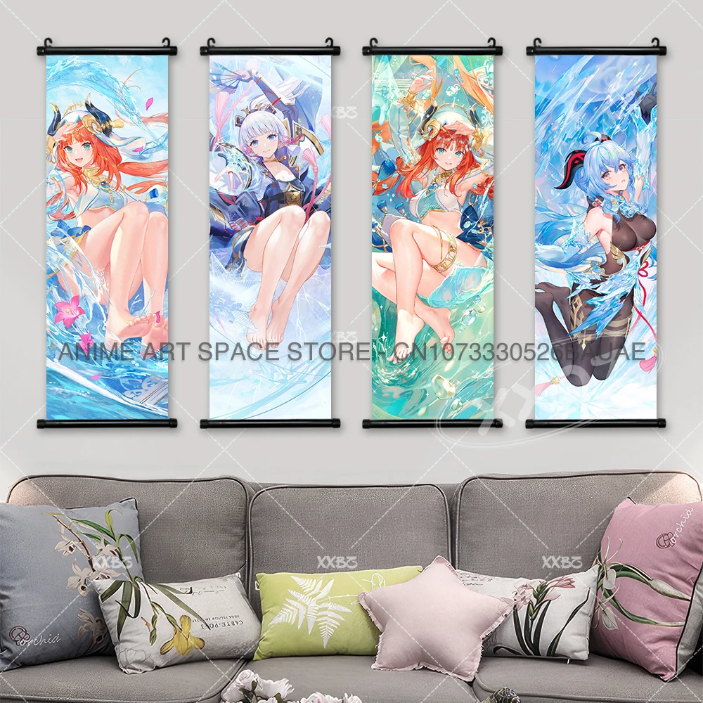 Genshin Impact Hanging Painting Kawaii Sucrose Anime Poster Ningguang Home Decor Noelle Wall Artwork Qiqi Scroll Picture Venti