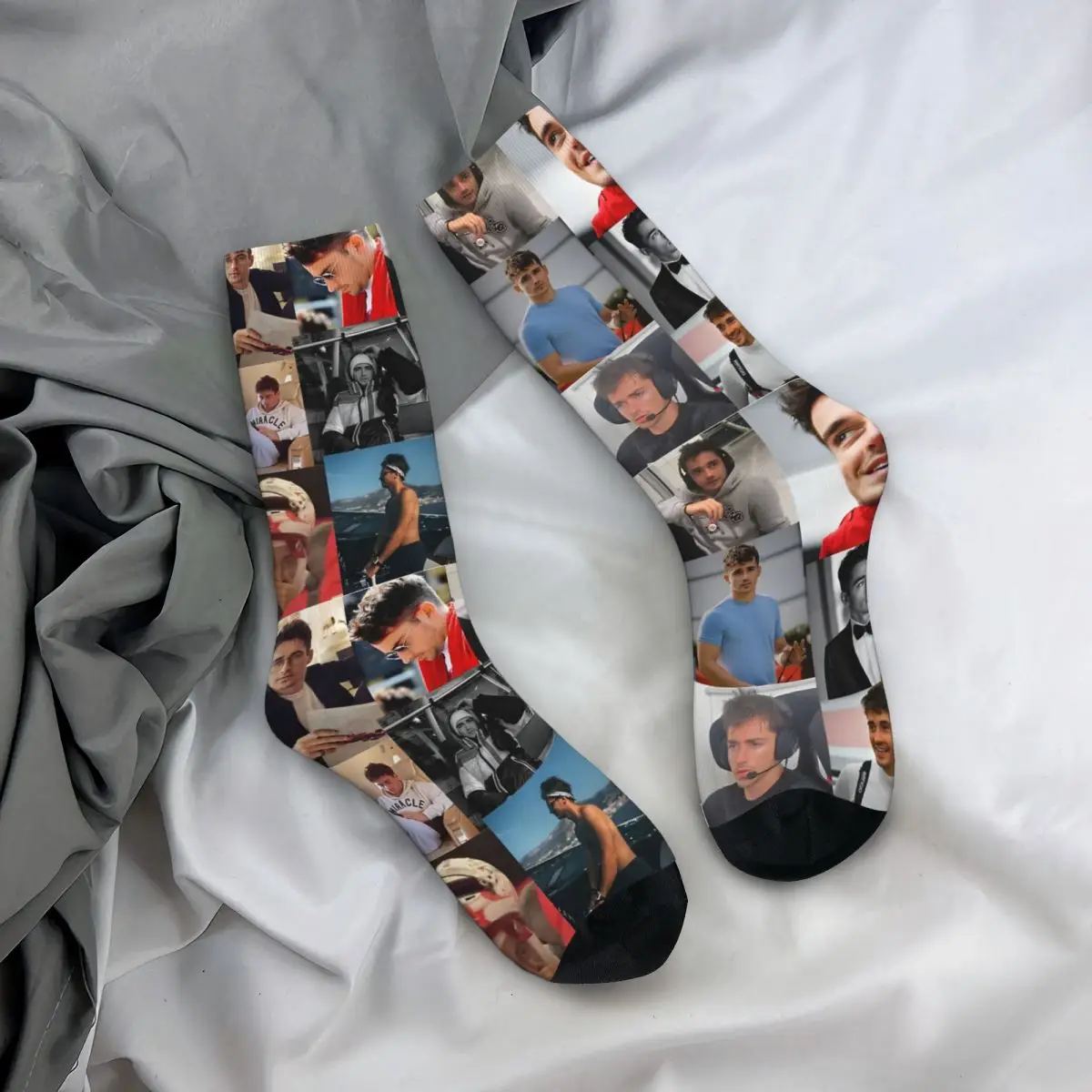 Chaussettes drôles en elin pour hommes, Charles Leclerc, collage d'images, hip hop, vintage, course F1, motif de qualité heureuse, chaussettes d'équipage imprimées pour garçons