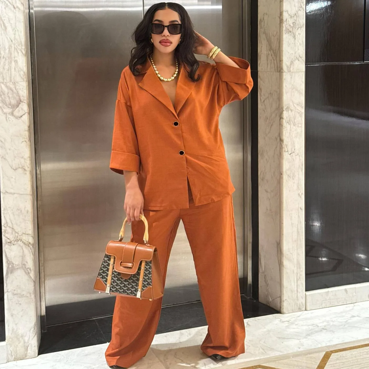 

Casual Women's Trousers Set Solid Color Daily Comfortable Commuting Style Long Sleeves Flip Collar Top Trousers Two-piece Set