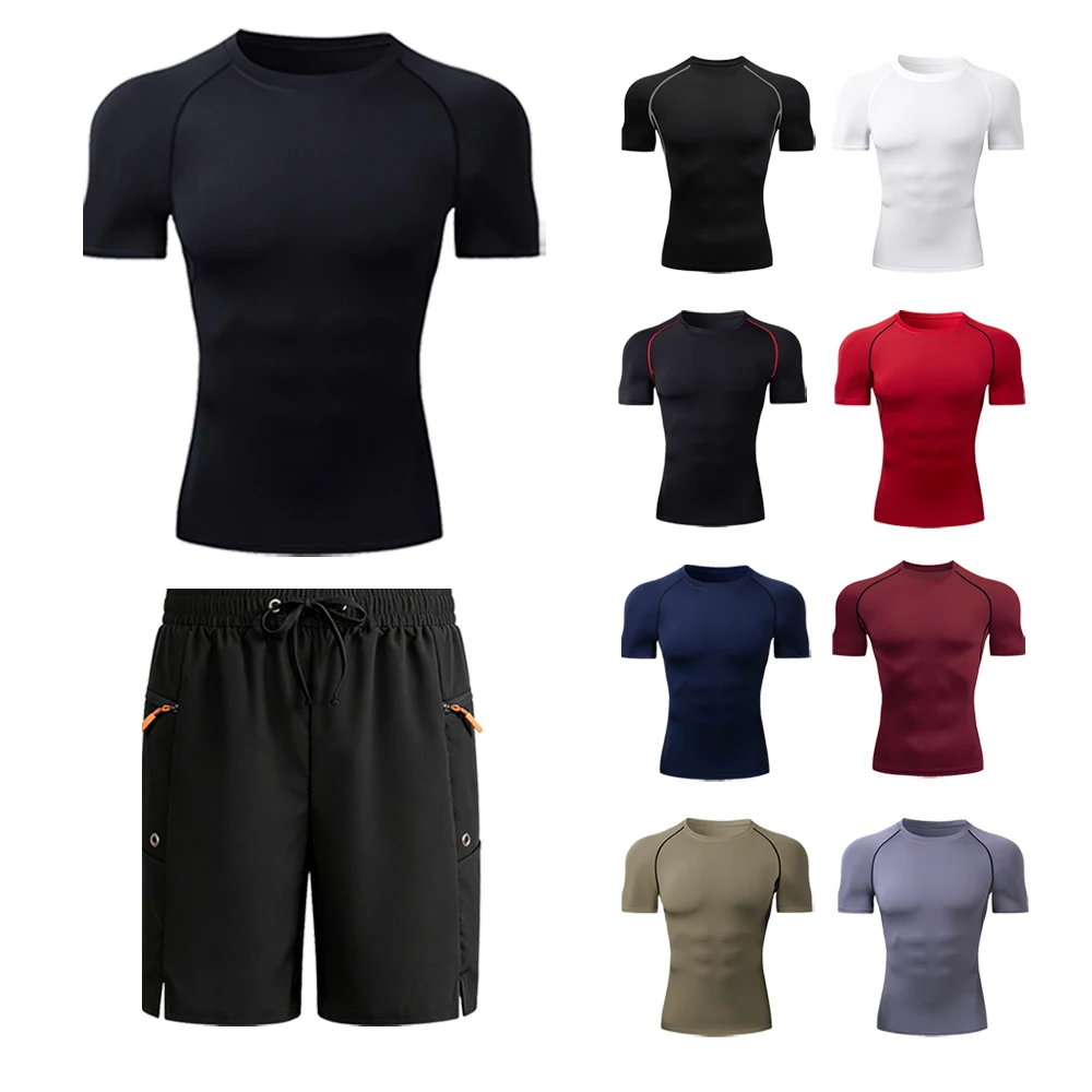 Men's Summer Outdoor Gym Running Suit Short Compression T-shirt and Zipper Pockets Shorts Quick Dry Running Tracksuit Training
