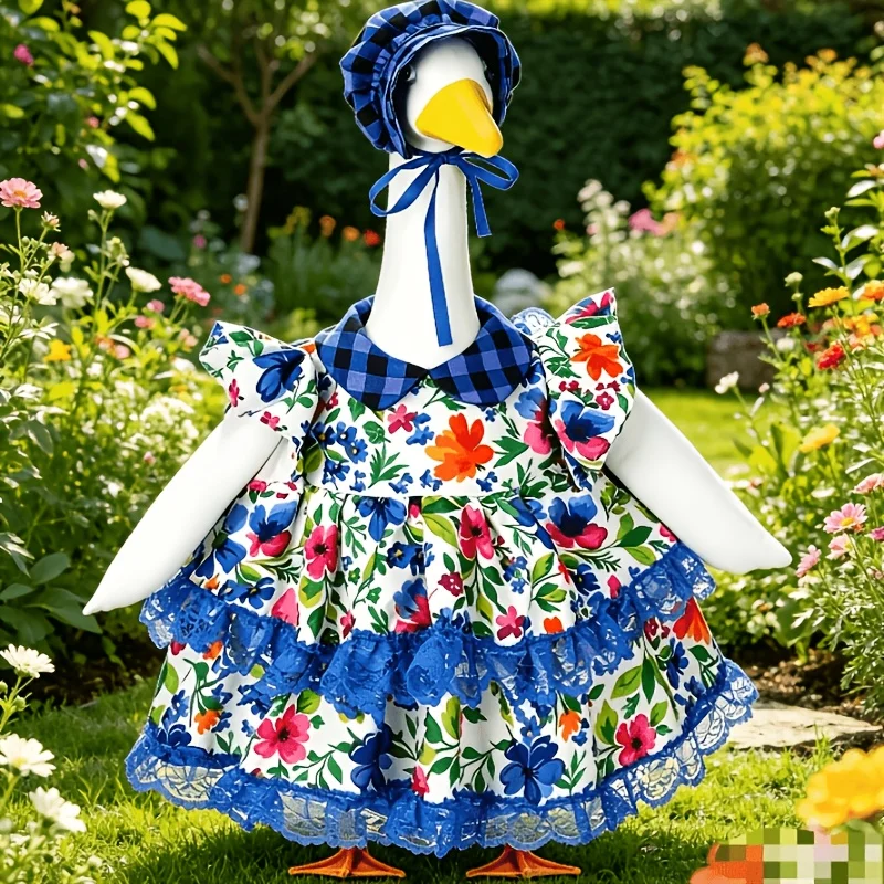 23" Blue Gingham Collar & Lace Trim Dress with Matching Bonnet - Floral Print Porch Goose Costume Suitable for Spring Summer Outdoor Lawn Parties, Easter Egg Hunts, Dress-Up for Role Play & Themed Events view 4