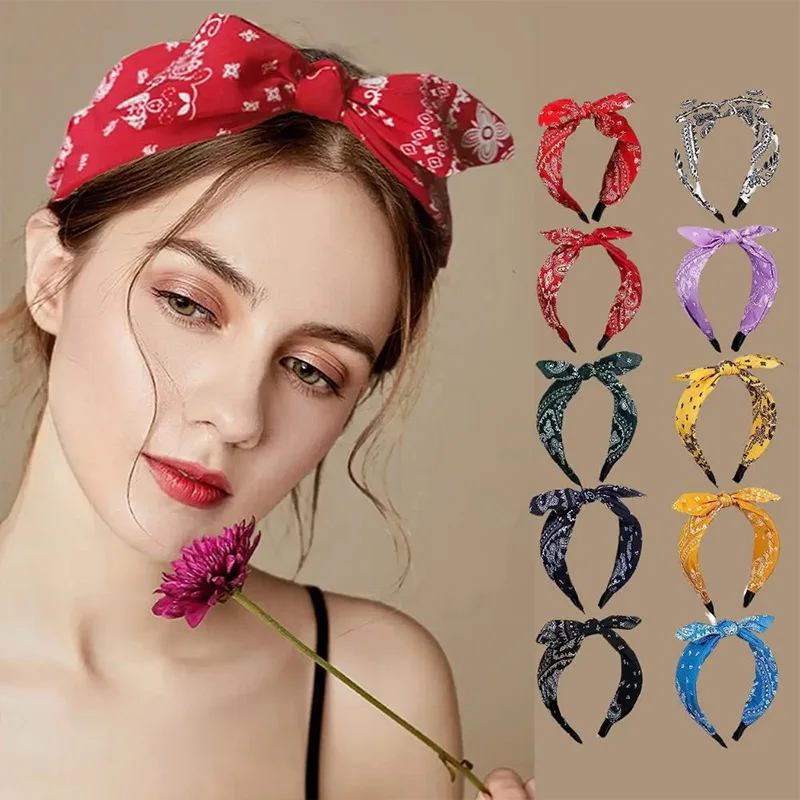 2024 Boho imprimé fleuri bandeaux arc large bord tête cerceau pour les femmes noeud croisé cerceau mode coton oreilles nouées cerceaux de cheveux