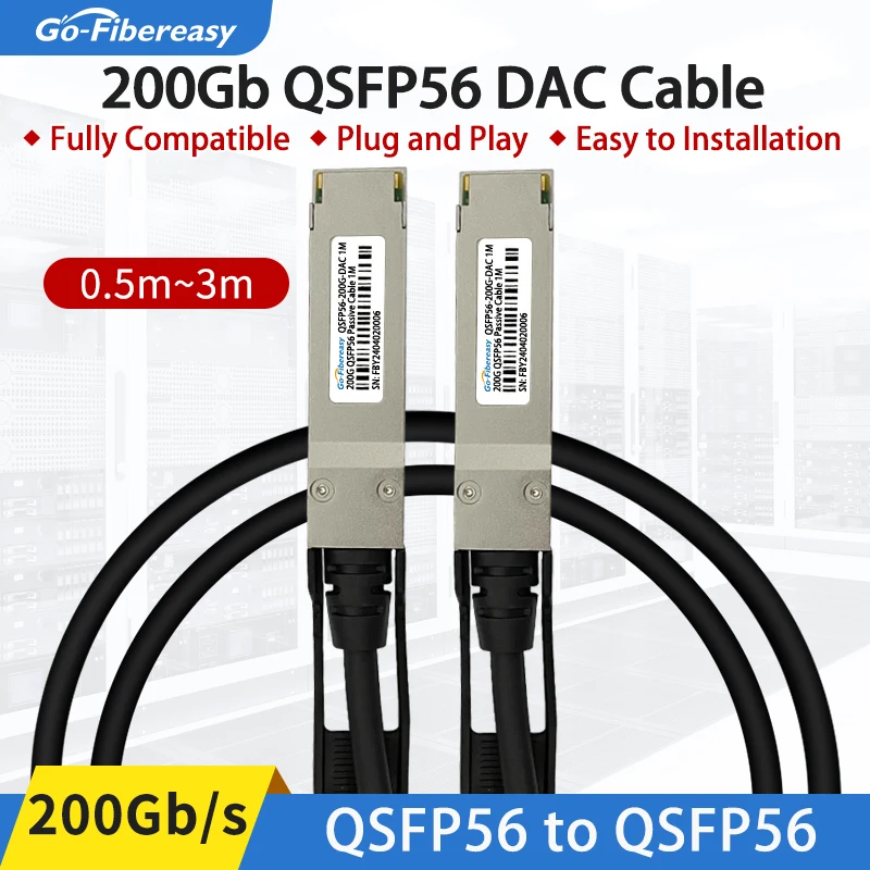QSFP56 200G DAC Cable 0.5m~3M 200Gb PAM4 QSFP56 to QSFP56 High Speed Twinax Copper Cable Compatible for Mellanox/Juniper Switch
